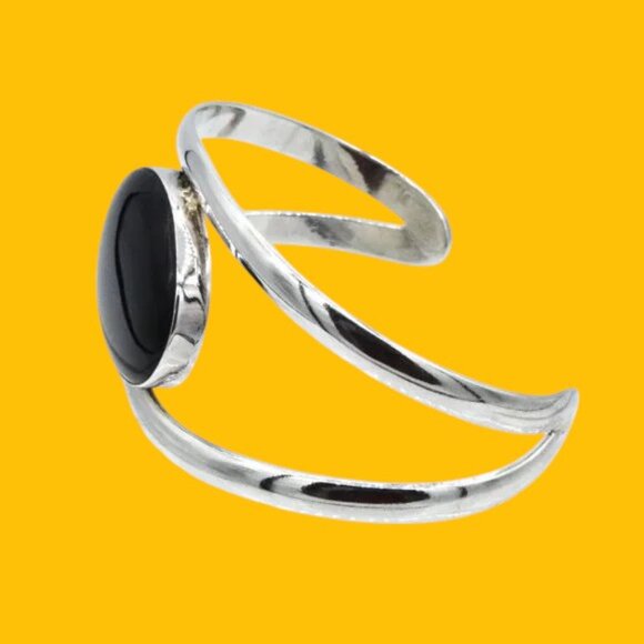Vintage Sterling Silver Onyx Split Shank Cuff Bracelet - Picture 2 of 5